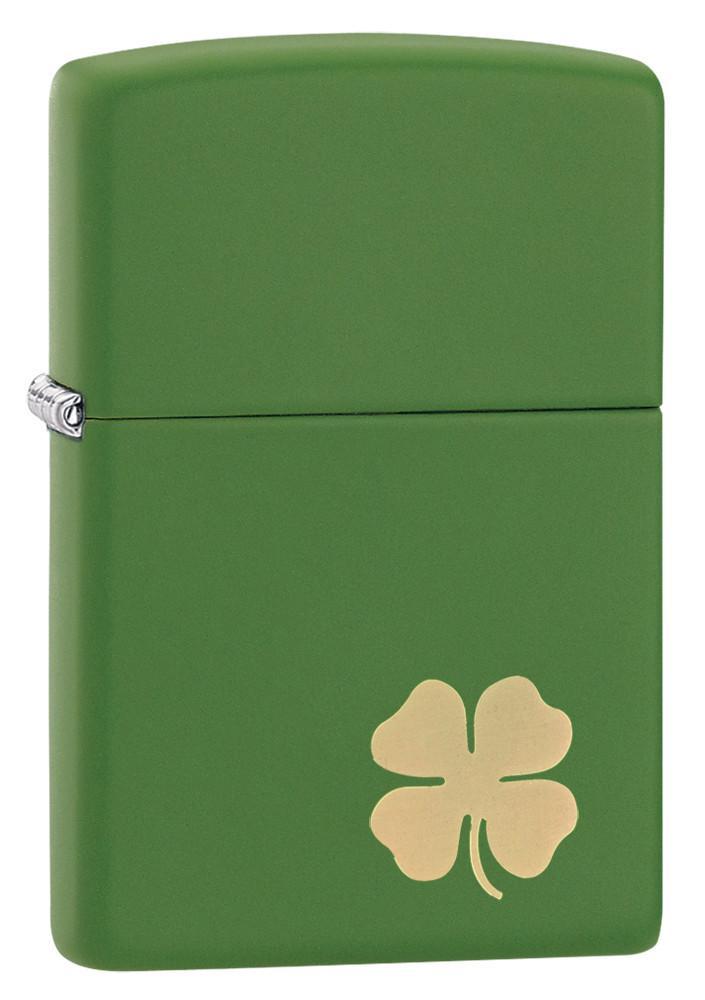 Lucky Clover Design Green Matte Windproof Lighter 3/4 View