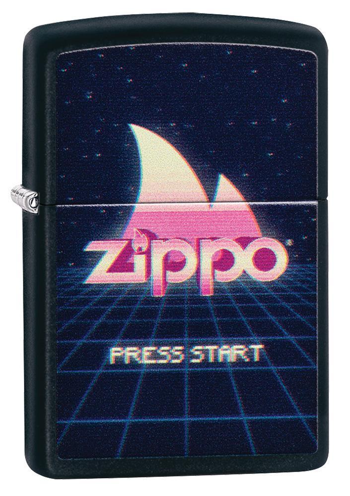 Gaming Black Matte windproof lighter facing forward at a 3/4 angle