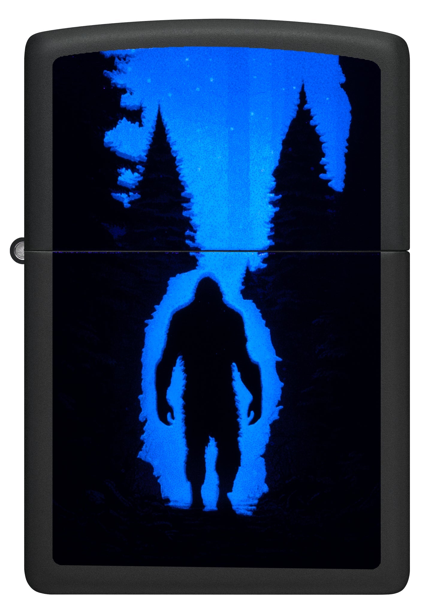 Front view of Zippo Ultra Squatch Design Black Matte Windproof Lighter glowing under a blacklight.