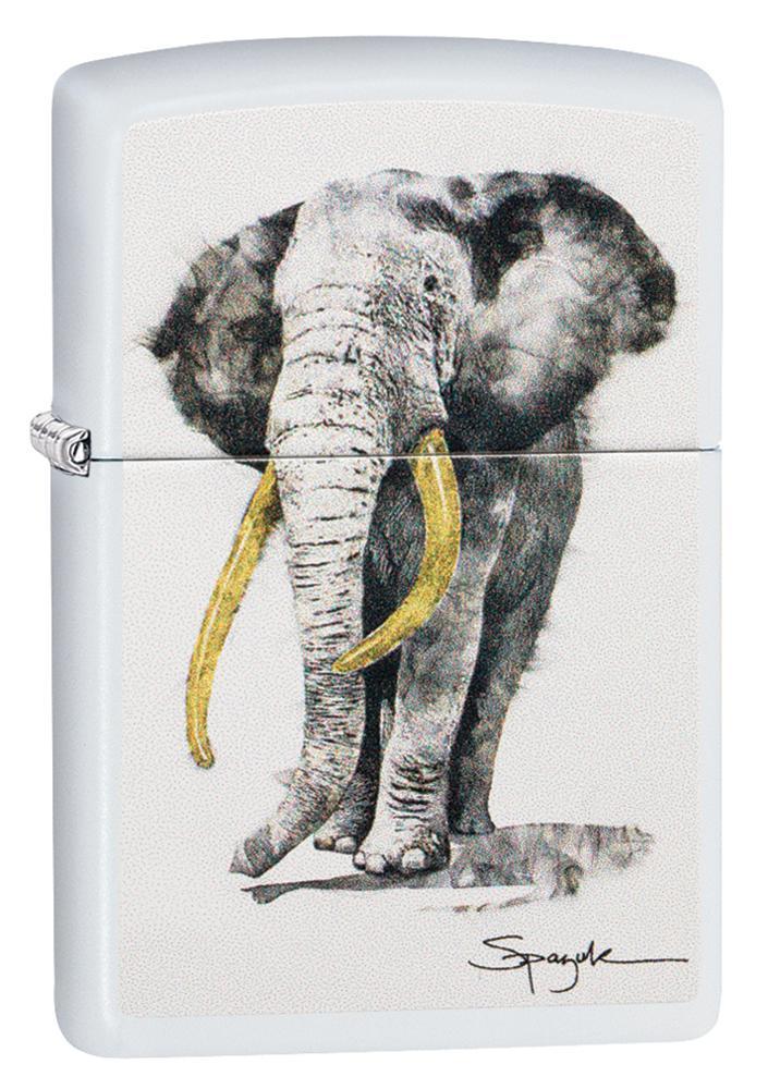 Front view of Spazuk White Matte Windproof Lighter standing at a 3/4 angle