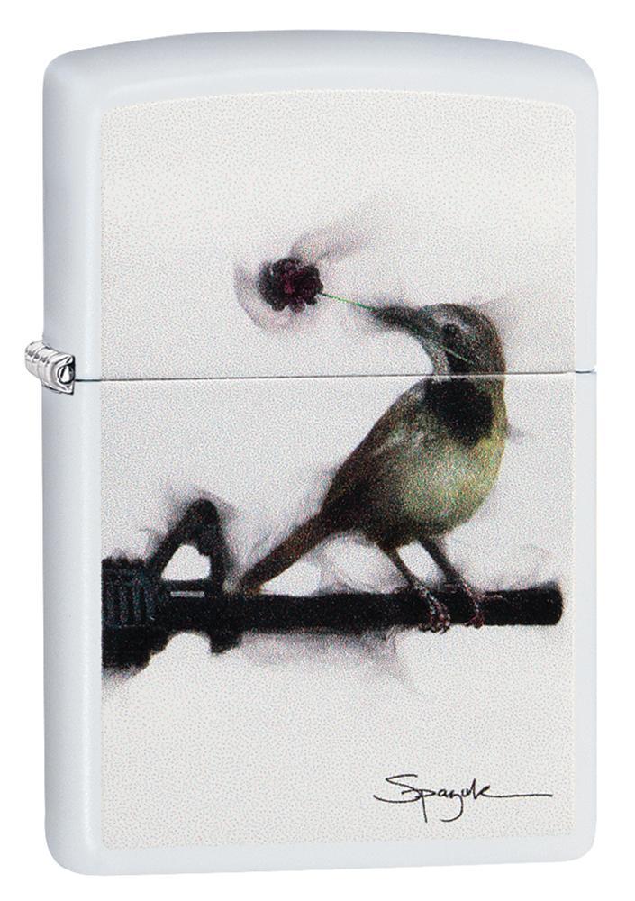 Front view of Spazuk White Matte Windproof Lighter standing at a 3/4 angle