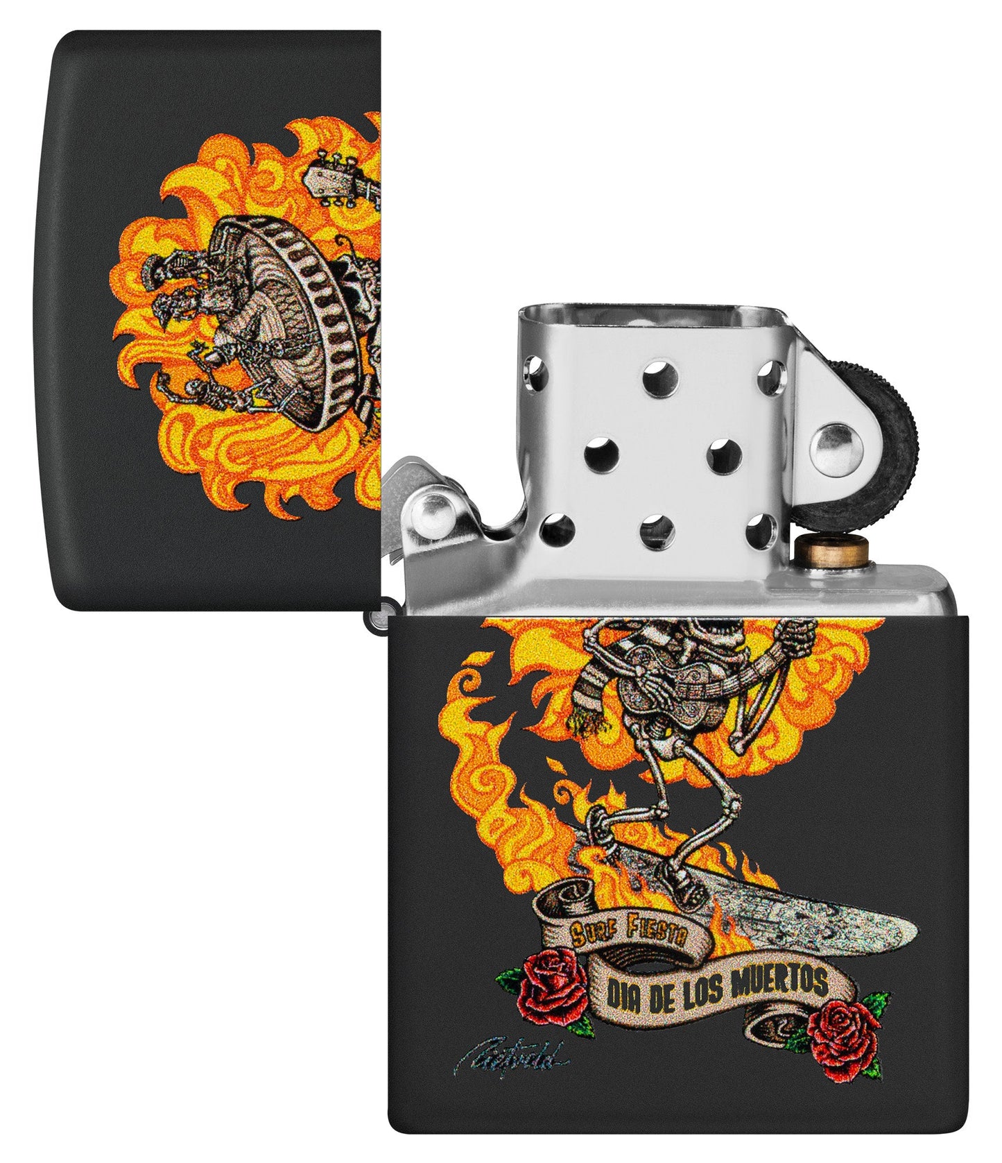 Zippo Rick Rietveld Black Matte Windproof Lighter with its lid open and unlit.