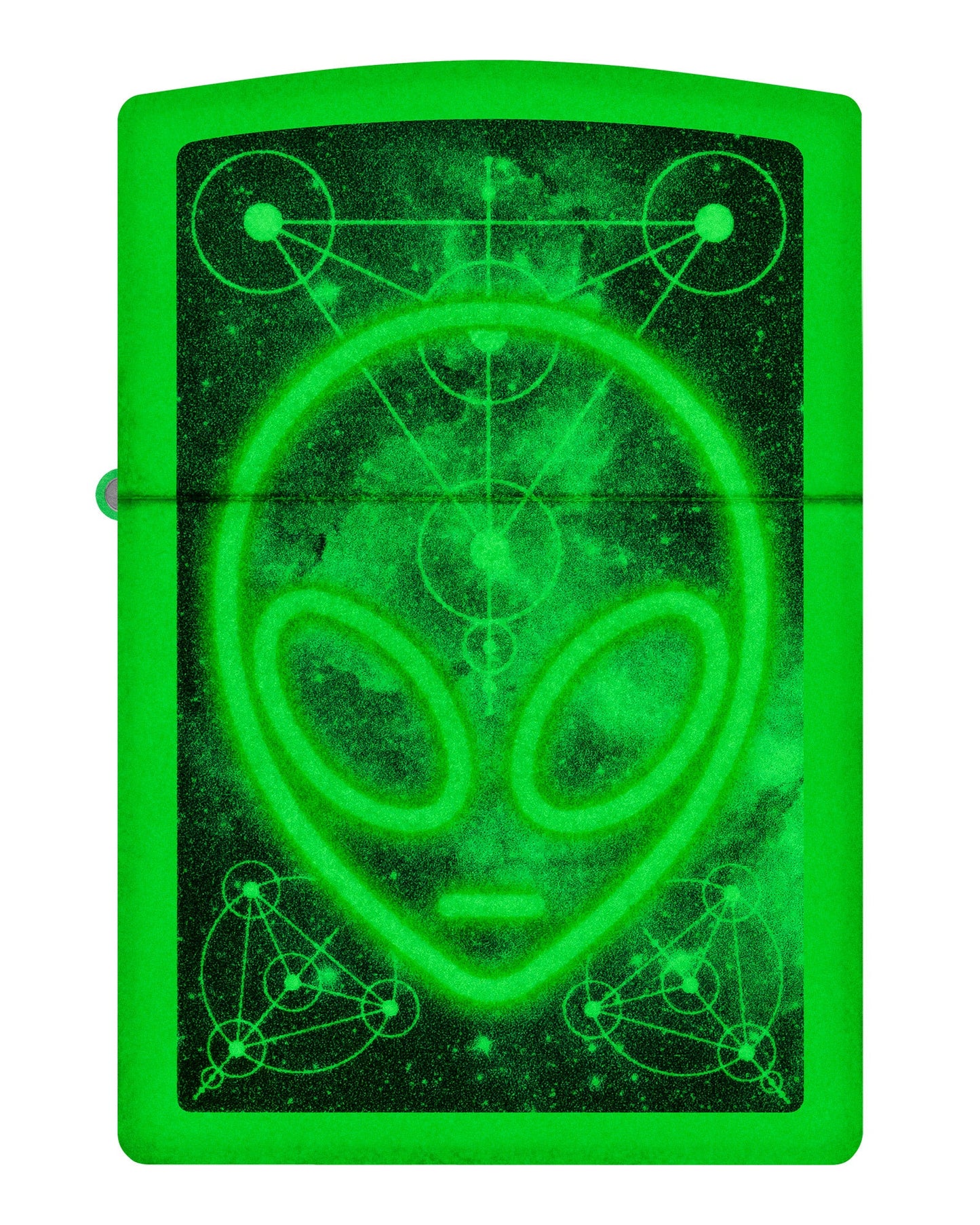 Front view of Zippo Glowing Alien Design Glow in the Dark Windproof Lighter glowing in the dark.
