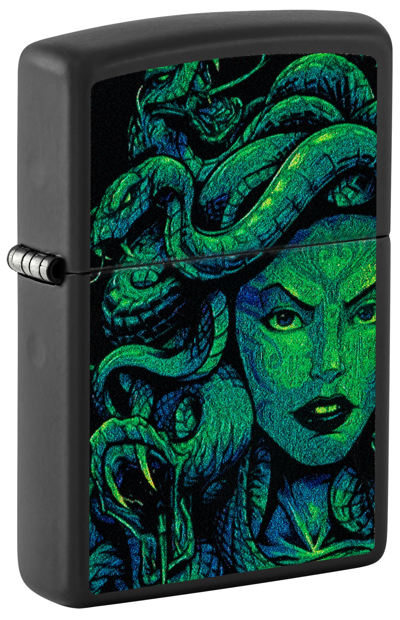 Front shot of Zippo Medusa Design Black Matte Windproof Lighter standing at a 3/4 angle.