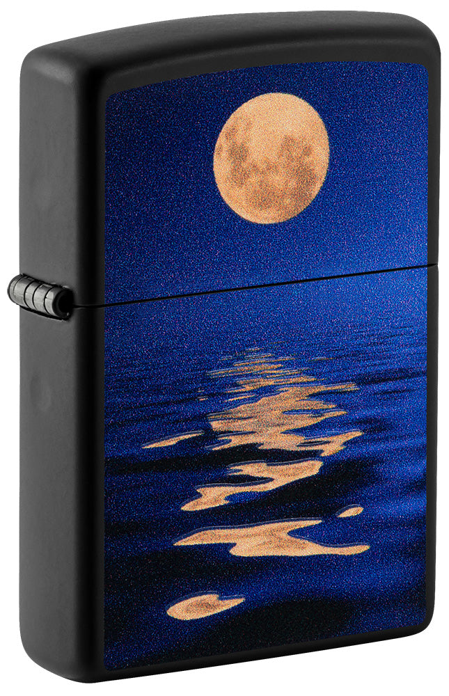 Front shot of Full Moon Design Black Light Black Matte Windproof Lighter standing at a 3/4 angle.