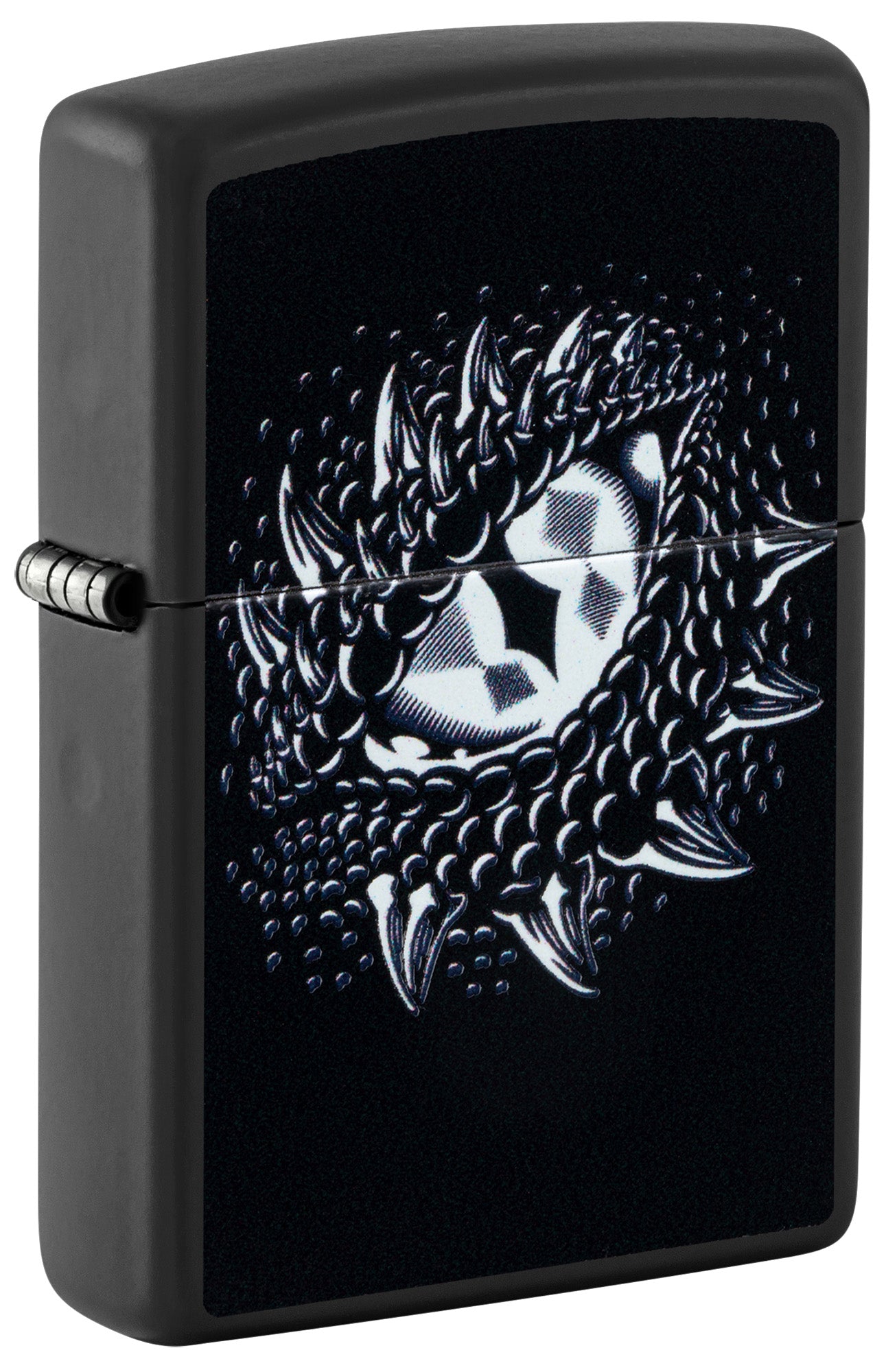 Front shot of Zippo Black Light Dragon Eye Design Black Matte Windproof Lighter standing at a 3/4 angle.