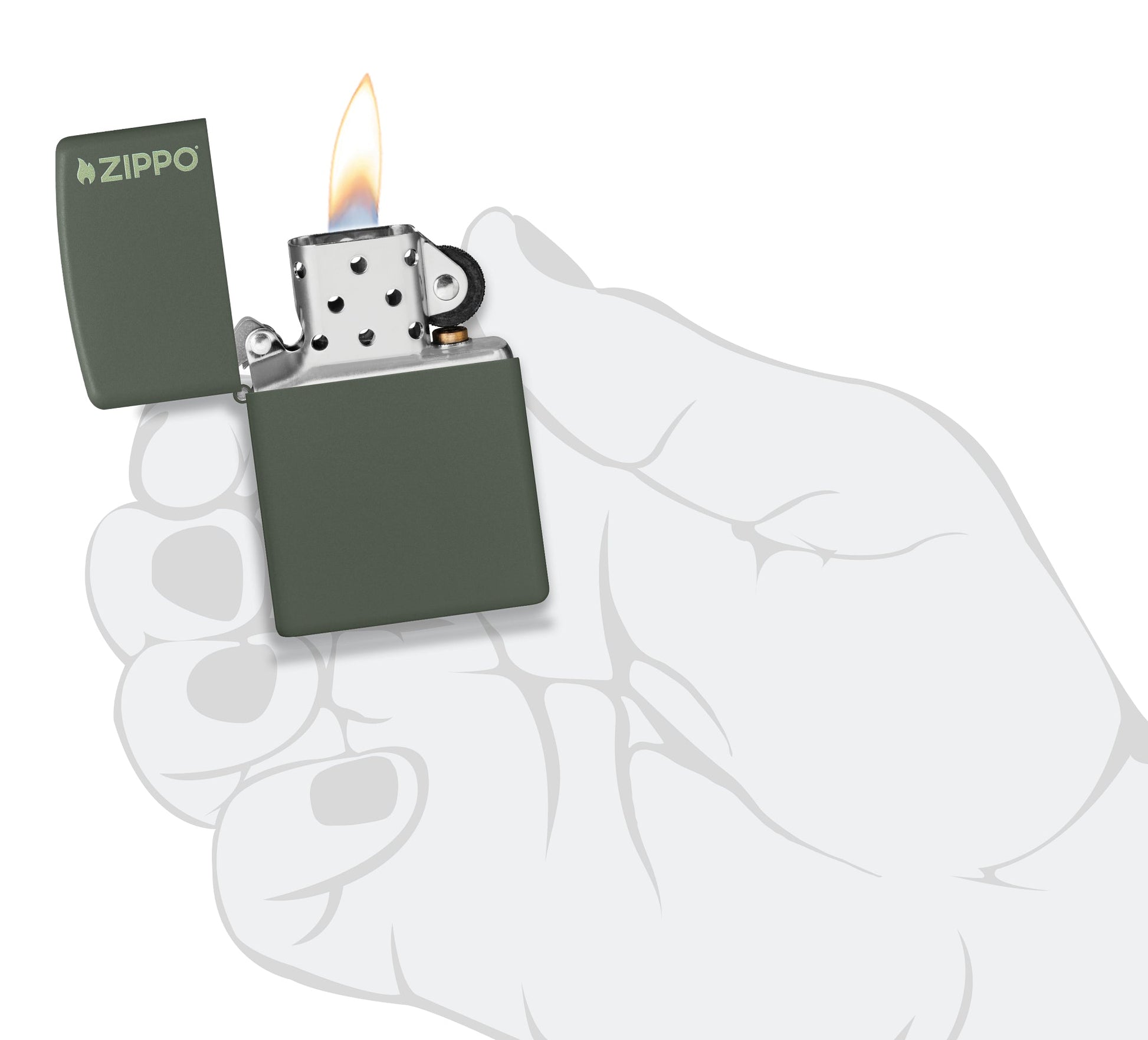 Classic Zippo Logo Green Matte Windproof Lighter lit in hand.