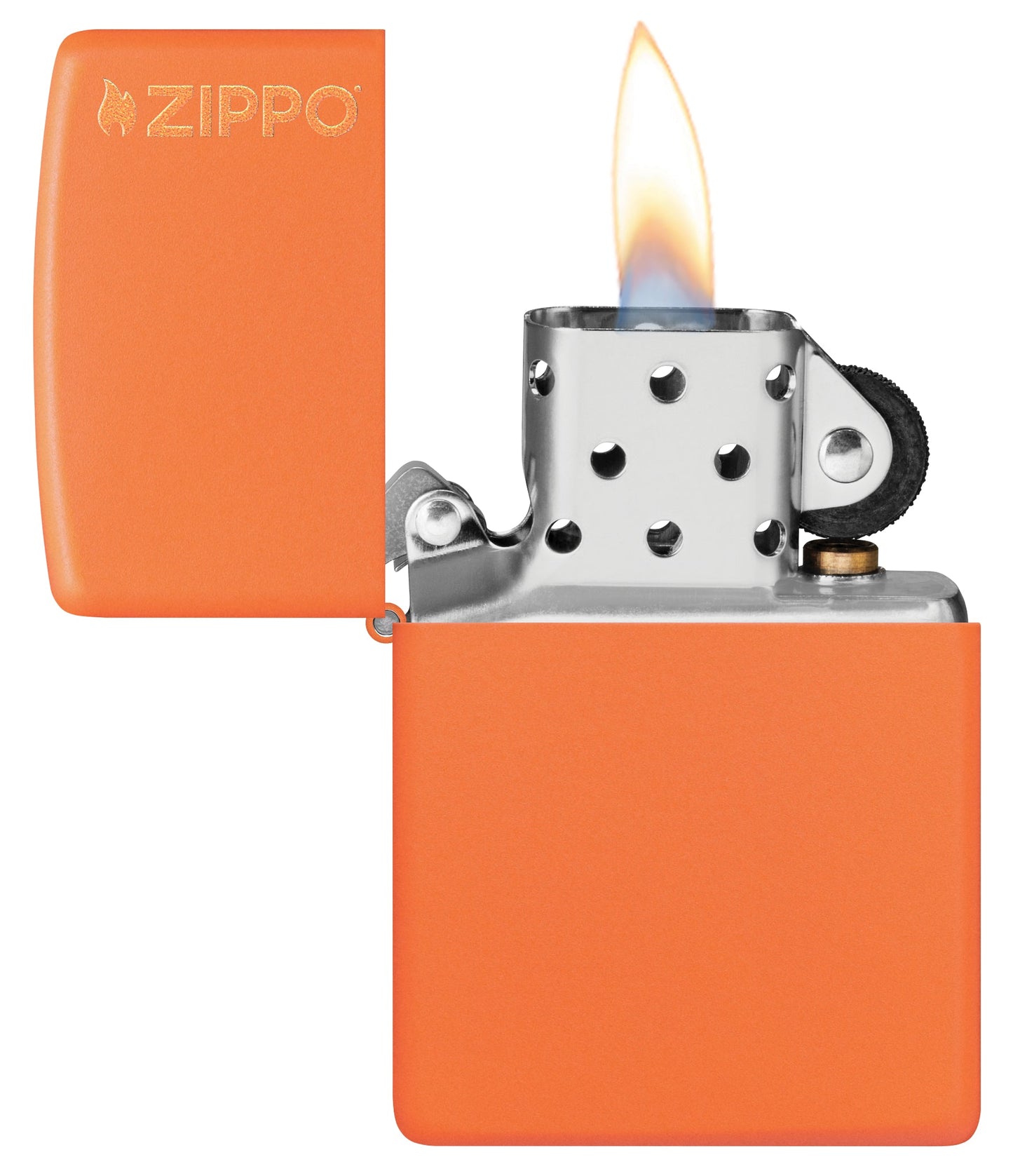 Classic Orange Matte Zippo Logo Windproof Lighter with its lid open and lit.