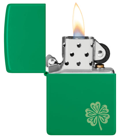 Zippo Lucky Clover Design Grass Green Matte Windproof Lighter with its lid open and lit.