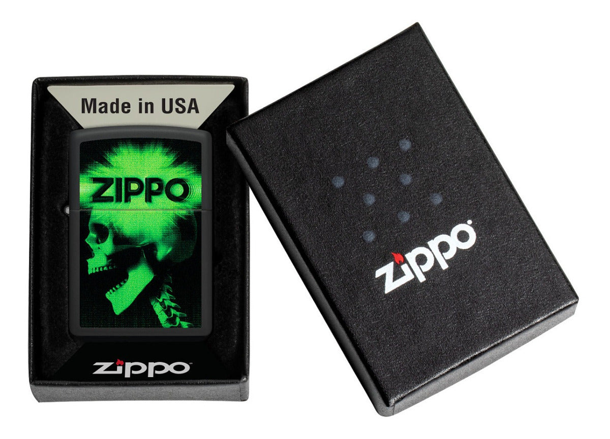 Encendedor Zippo Negro Mate Calavera Verde Cod - 48485