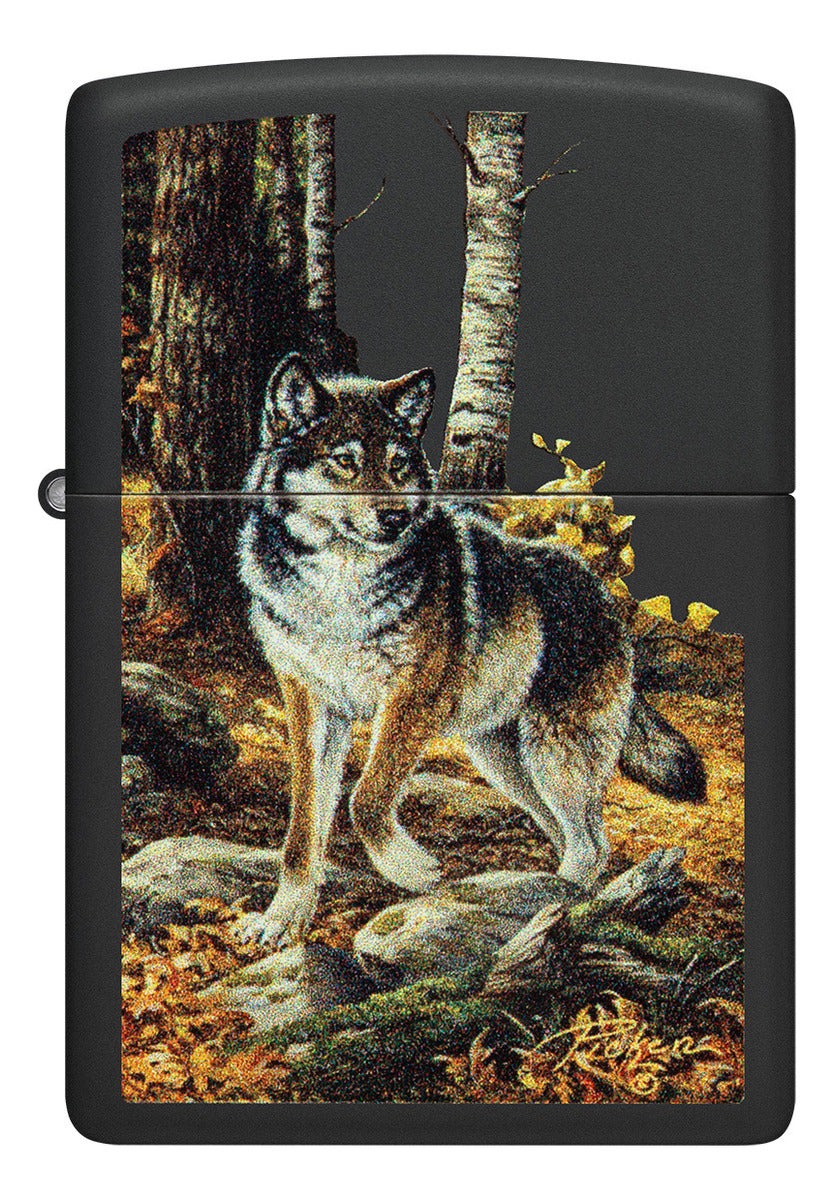 Encendedor Zippo Negro Mate Lobo Bosque Cod 48970