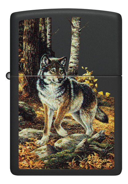 Encendedor Zippo Negro Mate Lobo Bosque Cod 48970