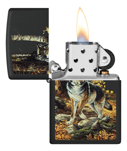 Encendedor Zippo Negro Mate Lobo Bosque Cod 48970