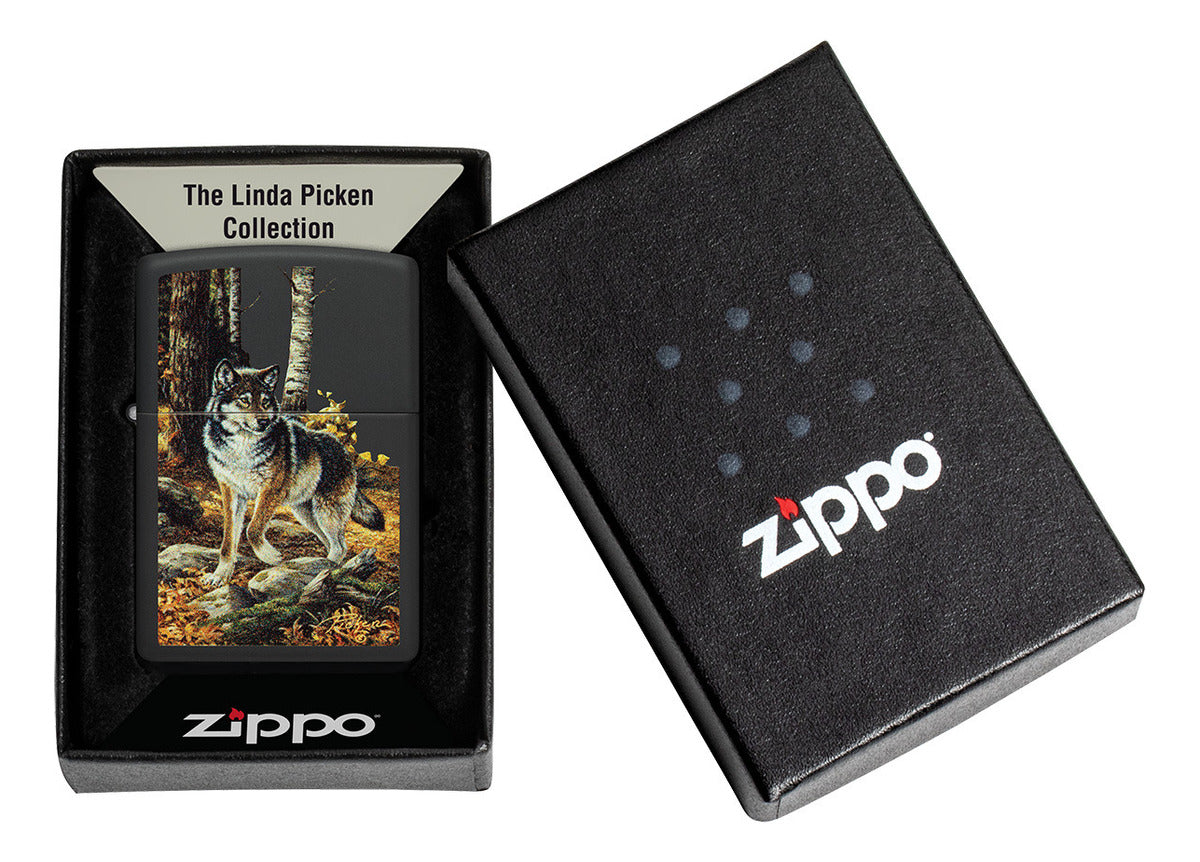 Encendedor Zippo Negro Mate Lobo Bosque Cod 48970