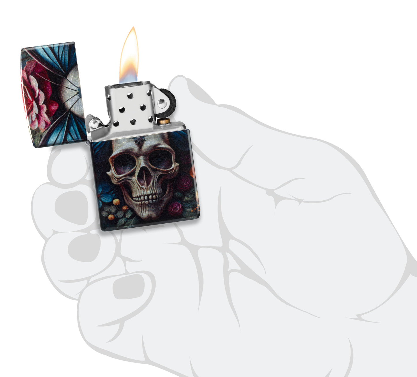 Zippo Butterfly Skull Design 540 Tumbled Chrome Windproof Lighter  lit in hand.