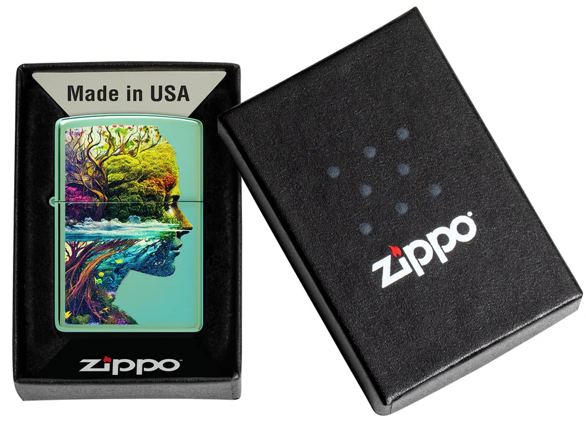 Encendedor Zippo Verde Metalizado Rostro Naturaleza Cod 46233