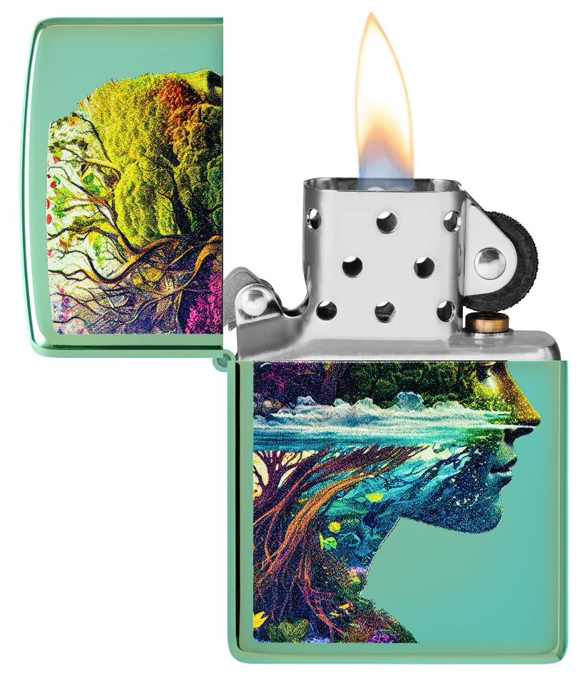 Encendedor Zippo Verde Metalizado Rostro Naturaleza Cod 46233
