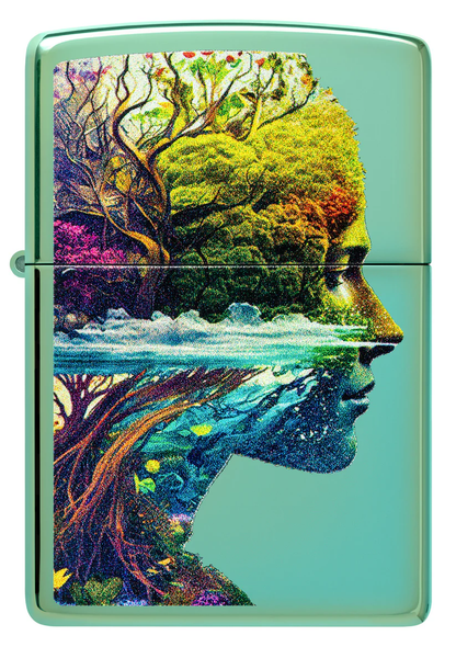 Encendedor Zippo Verde Metalizado Rostro Naturaleza Cod 46233