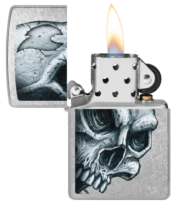 Encendedor Zippo Plateado Calavera Y Llama Cod 46587