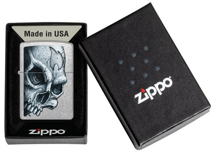 Encendedor Zippo Plateado Calavera Y Llama Cod 46587