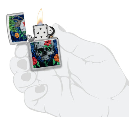 Encendedor Zippo Cromado Calavera Flores 46939