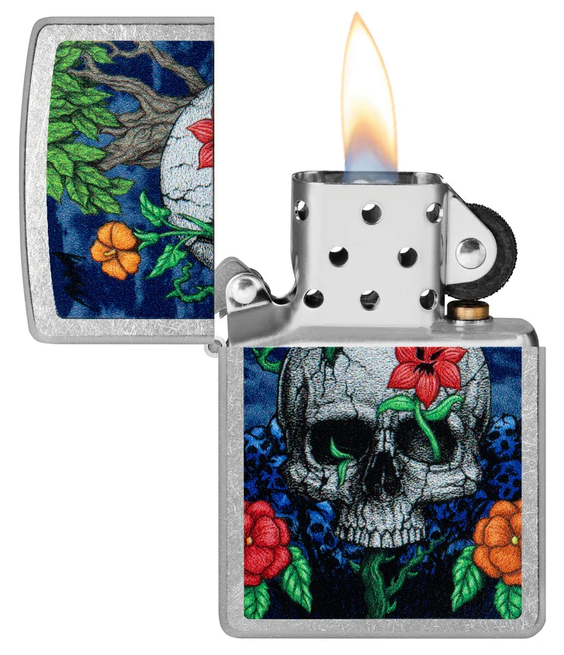 Encendedor Zippo Cromado Calavera Flores 46939