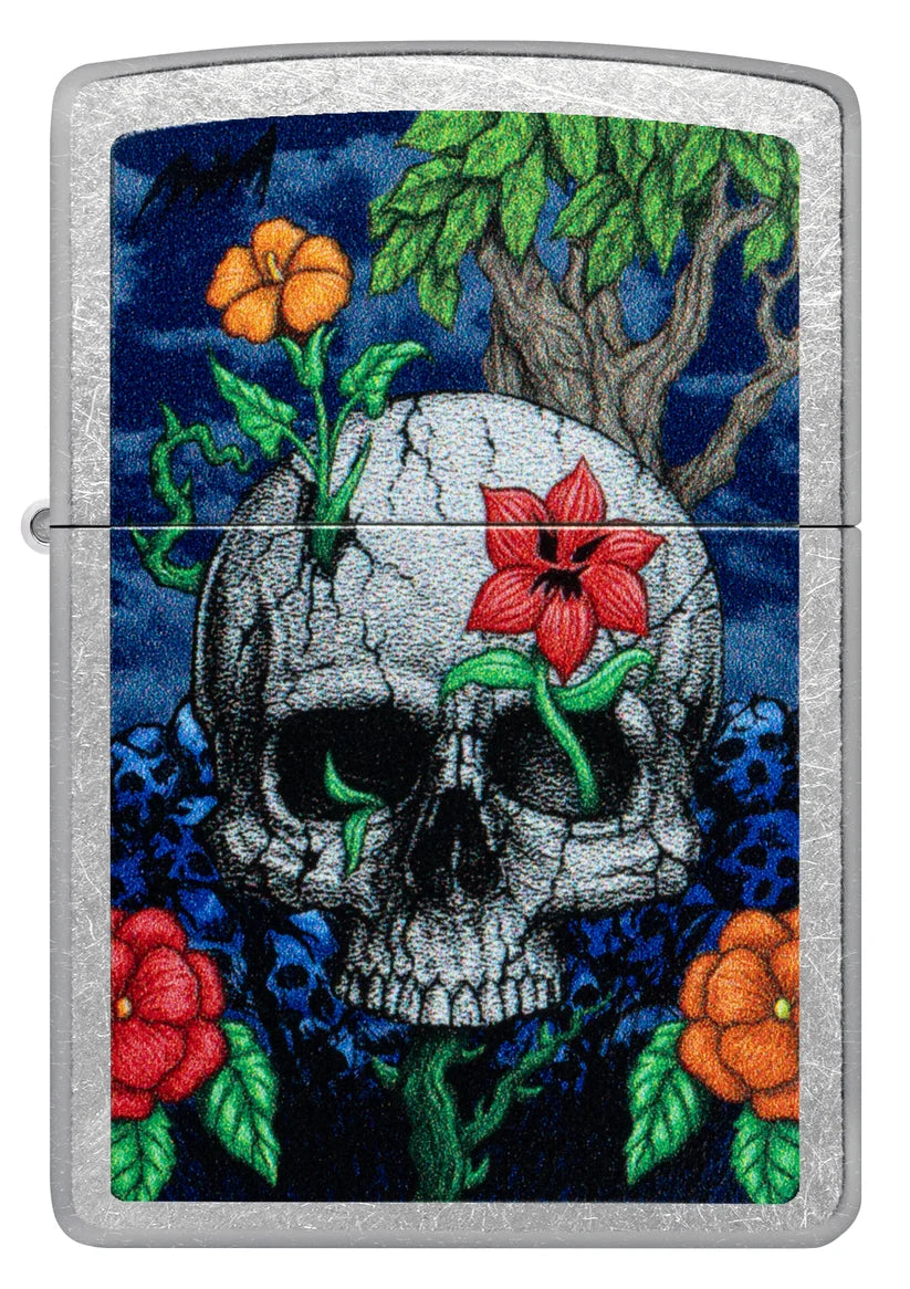 Encendedor Zippo Cromado Calavera Flores 46939