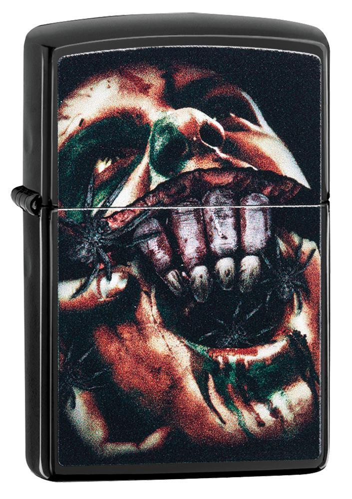 Split Face Design High Polish Black windproof lighter facing forward at a 3/4 angle
