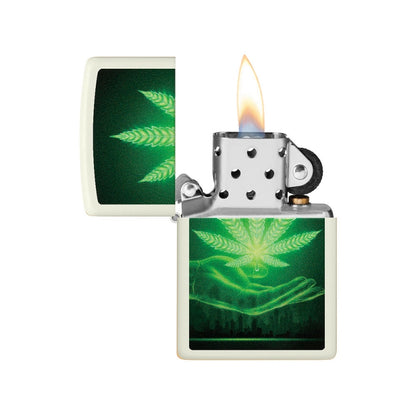 Encendedor Zippo Blanco Fluorescente Cannabis Mano 48899