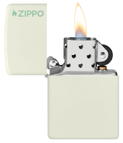 Classic Glow In The Dark Zippo Logo Windproof Lighter with its lid open and lit.