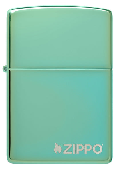 Front view of Classic High Polish Green Zippo Logo Windproof Lighter.