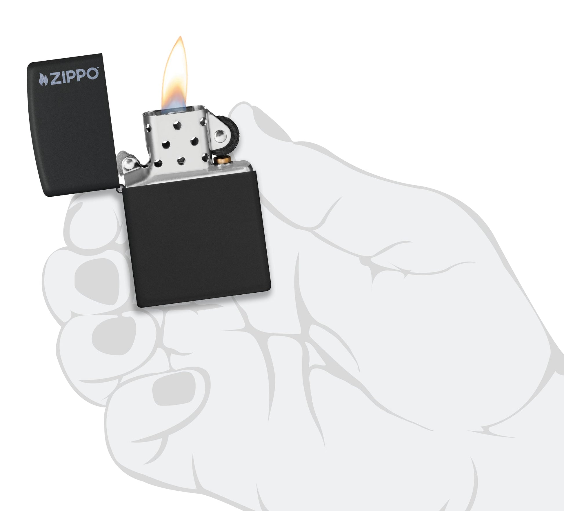 Classic Black Matte Zippo Logo Windproof Lighter lit in hand.