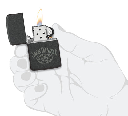 Zippo Jack Daniel's® No. 7 Design 1941 Replica Black Crackle® Windproof Lighter lit in hand.