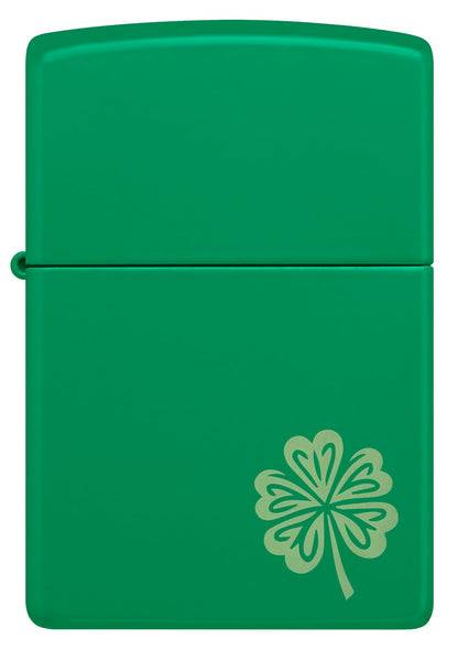 Front view of Zippo Lucky Clover Design Grass Green Matte Windproof Lighter.