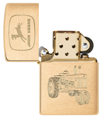 Zippo John Deere Tractor Design Brushed Brass Windproof Lighter with its lid open and unlit.