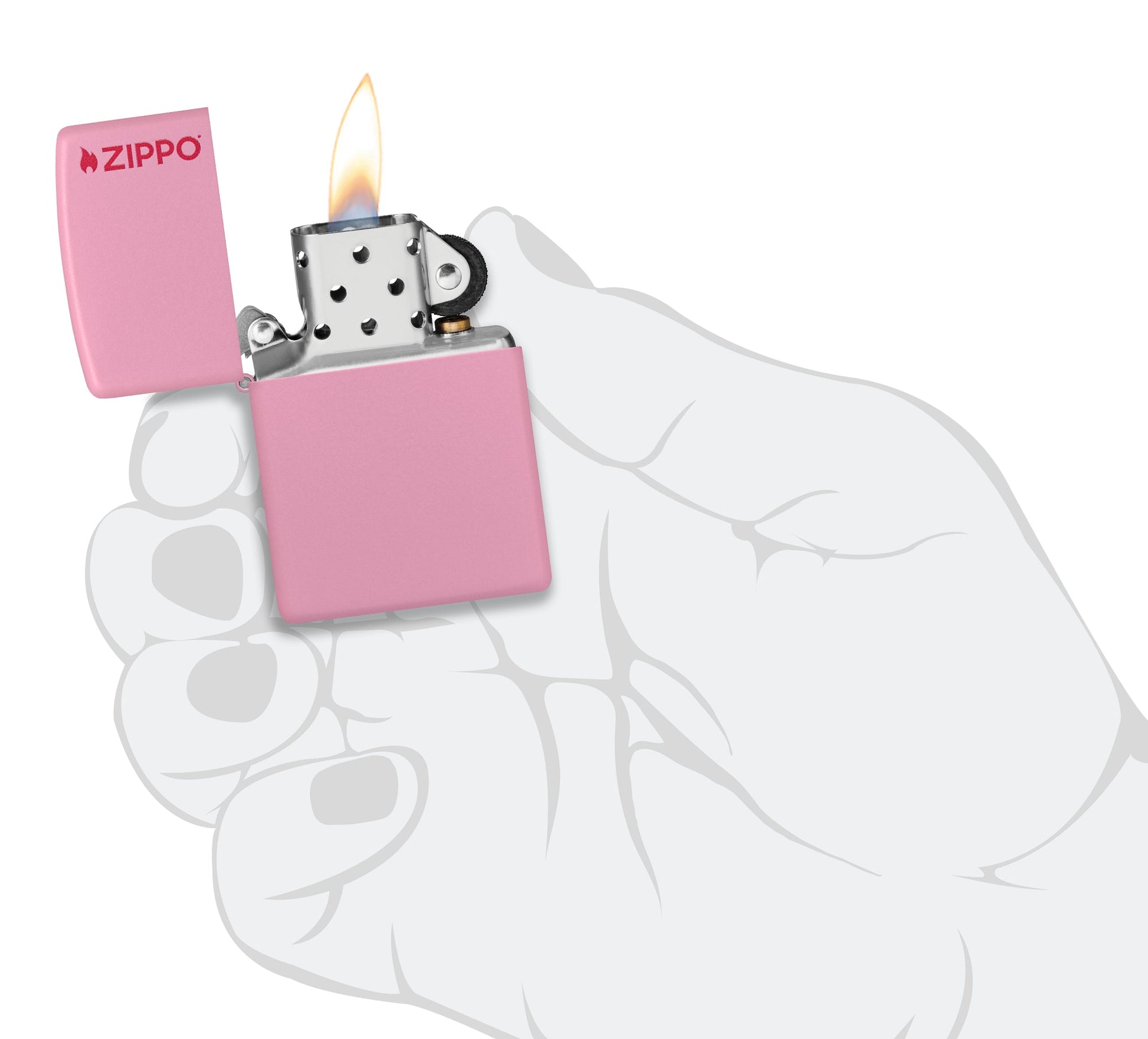 Classic Pink Matte Zippo Logo Windproof Lighter lit in hand.