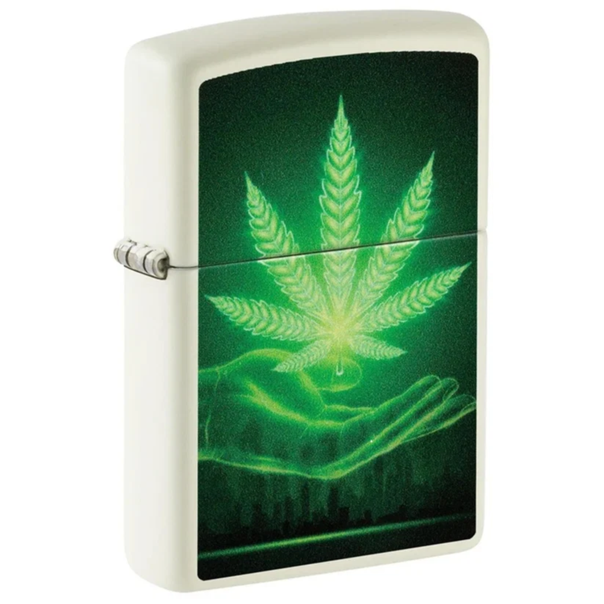Encendedor Zippo Blanco Fluorescente Cannabis Mano 48899