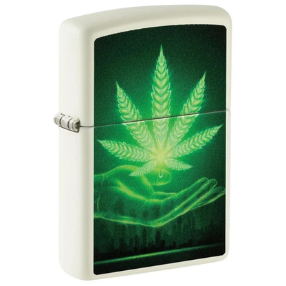 Encendedor Zippo Blanco Fluorescente Cannabis Mano 48899