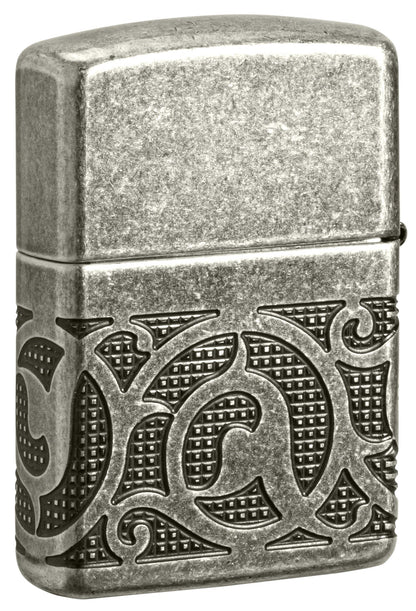Back view of Zippo Pattern Armor Antique Silver Windproof Lighter standing at a 3/4 angle.