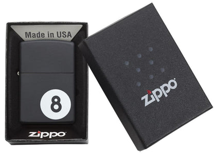 Billiards 8-Ball Black Matte Windproof Lighter in it's packaging.