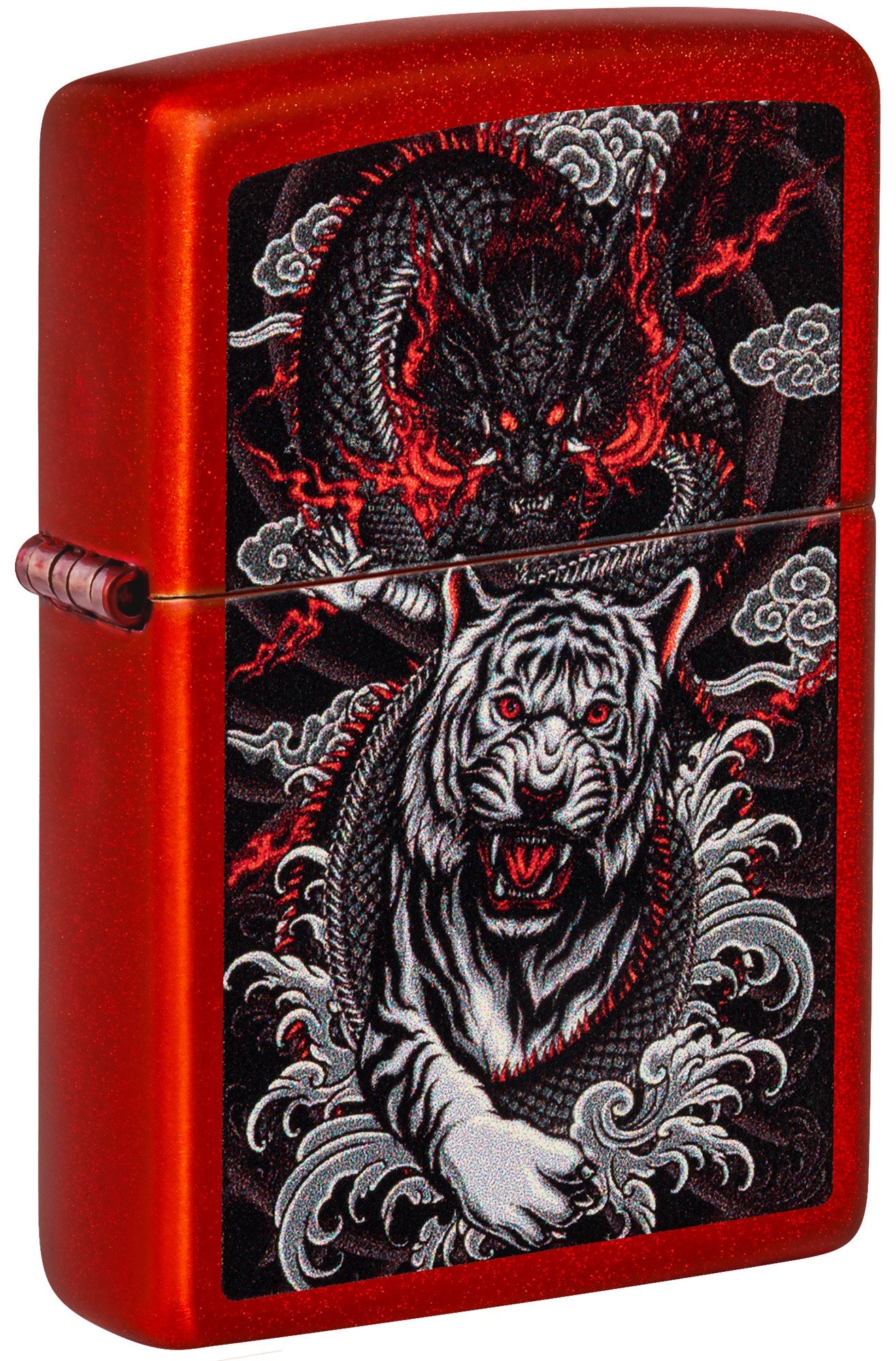 Front view of Zippo Dragon Tiger Design Metallic Red Windproof Lighter standing at a 3/4 angle.