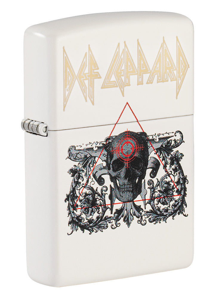 Front shot of Def Leppard Skull Windproof Lighter standing at a 3/4 angle