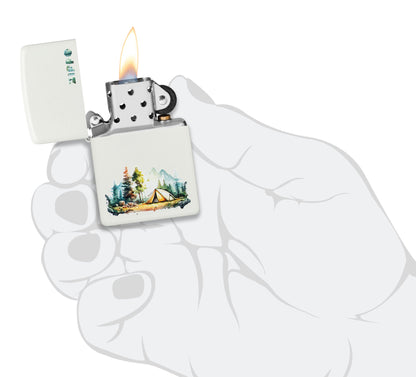 Zippo Nature Retreat Design White Matte Windproof Lighter lit in hand.
