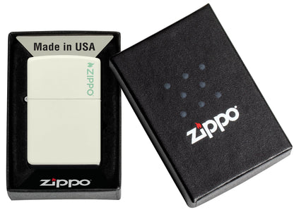Classic Glow In The Dark Zippo Logo Windproof Lighter in its packaging.