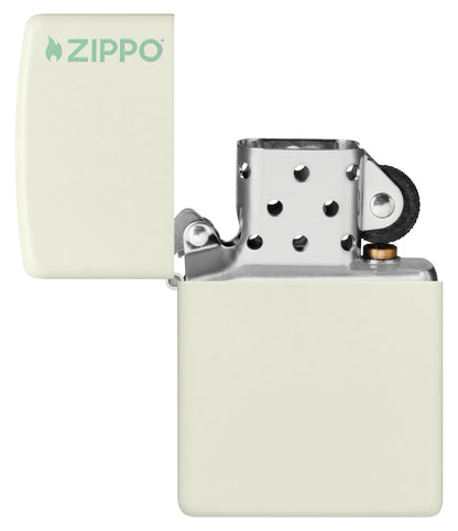 Classic Glow In The Dark Zippo Logo Windproof Lighter with its lid open and unlit.