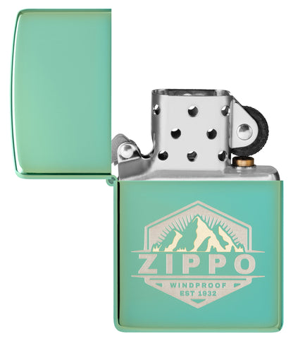 Zippo Badge Design High Polish Green Windproof Lighter with its lid open and unlit.
