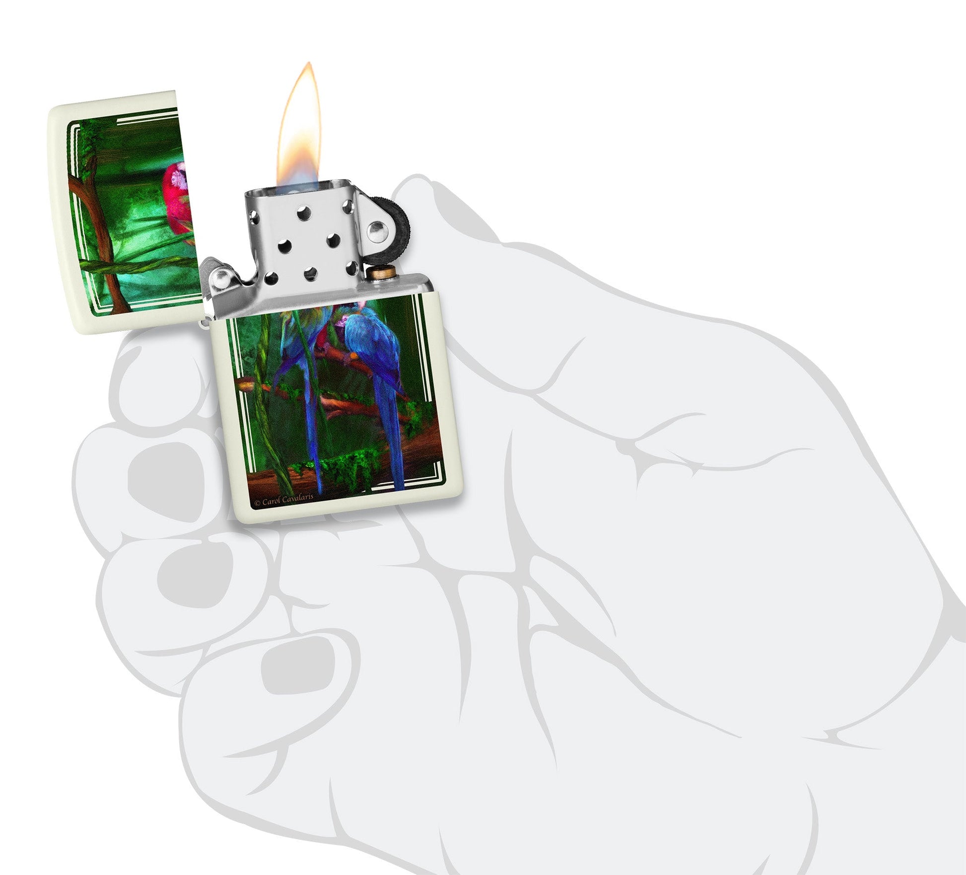 Zippo Carol Cavalaris Glow in the Dark Windproof Lighter lit in hand.