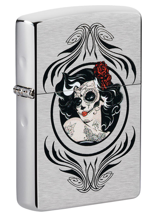 Front shot of Day of the Dead Girl Design Windproof Lighter standing at a 3/4 angle