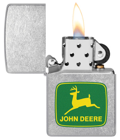 Zippo John Deere Leaping Deer Design Street Chrome Pocket Lighter with its lid open and lit.