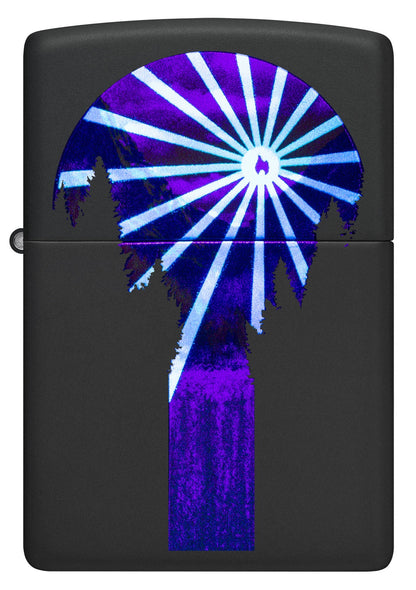 Front view of Zippo Black Light Lava Lamp Design Black Matte Windproof Lighter glowing.